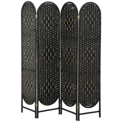 HOMCOM Bohemian Privacy Screen, Folding Room Divider with 4 Panels and Arched Top for Bedroom Living Room Office, Black