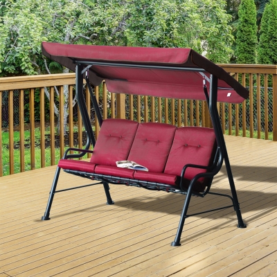 Outsunny 3-Person Porch Swing Chair, Patio Swing Bench with Adjustable Canopy, Removable Thicken Cushion and Weather Resistant Steel Frame for Outdoor, Garden, Poolside, Wine Red
