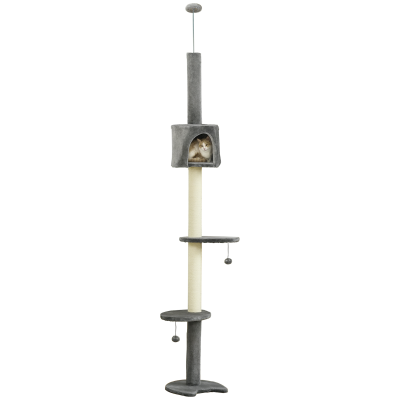 PawHut 4-Tier Floor to Ceiling Cat Tree, Tall Cat Tower with Scratching Post, Plush Padding, Toy Ball, Cat Condo for Indoor Cats, Light Grey