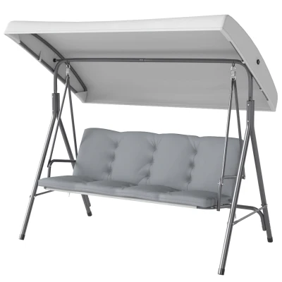 Outsunny 3-Seat Patio Swing Chair, Outdoor Porch Swing Glider with Adjustable Canopy, Light Grey