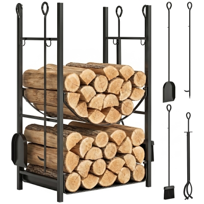 Outsunny 2-Tier Firewood Rack with Tools, Indoor/Outdoor, Black
