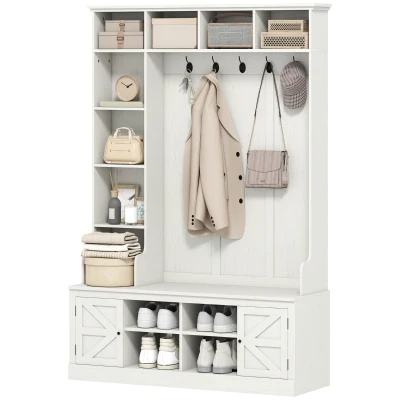 HOMCOM Hall Tree with Bench and Shoe Storage, Entryway Bench with Coat Rack, 12 Shelves, 2 Cabinets, 5 Hooks, White Wood Grain