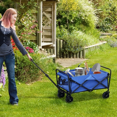 Outsunny Collapsible Folding Garden Cart, Heavy Duty Lawn Wagon with Universal Wheels and Adjustable Handle, Blue