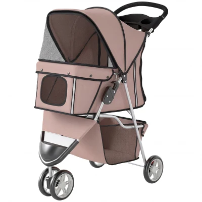 PawHut 3 Wheels Foldable Dog Stroller with Storage Basket, Adjustable Canopy, Cupholder for Miniature and Small Dogs, Coffee