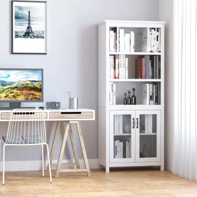 HOMCOM 71" Bookcase Hutch Cabinet, Adjustable Shelves, White