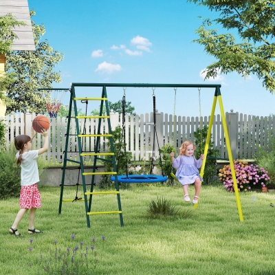 Outsunny 4 in 1 Swing Set for Kids with Saucer Swing, Seat, Climbing Ladder/Net, Basketball Hoop for 3-8 Years Old, Yellow