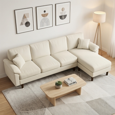 HOMCOM L-Shape Sofa, Modern Sectional Couch with Changeable Chaise Lounge, Pillows and Wooden Legs for Living Room, Cream White