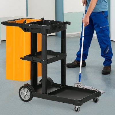 HOMCOM Janitorial Cart with 3 Shelves, Cleaning Cart on Wheels with Rubbish Bag and Mop Holders for Hotel, Housekeeping, Black