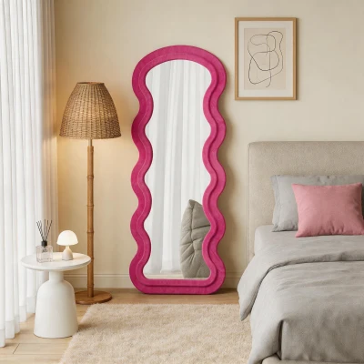 Flannel-Covered Wavy Full-Length Floor Mirror with True-Reflection Glass, Rose