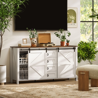HOMCOM 60" Buffet Cabinet, Farmhouse Sideboard with Sliding Barn Doors, Drawers and Adjustable Shelves, Cream White