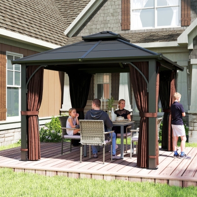 Outsunny 10' x 10' Hardtop Gazebo with 7mm Polycarbonate Double-Tier Roof, Outdoor Gazebo with Netting and Curtains, Coffee