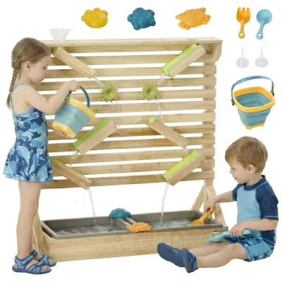 Outsunny 18 Pcs Kids Running Water and Sand Playset Outdoor with Sinks, Wooden Sensory Toys with Colorful Accessories, Gift for Boys and Girls, Aged 3-7 Years Old