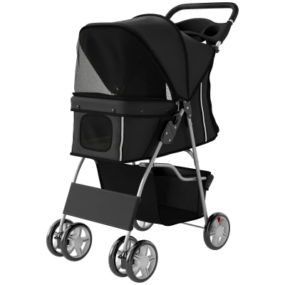 PawHut Pet Stroller with Reflective Strips, Foldable Cat Stroller with 360° Swivel Wheels for Small Dogs and Cats, Black
