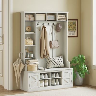 HOMCOM Hall Tree with Bench and Shoe Storage, Entryway Bench with Coat Rack, 12 Shelves, 2 Cabinets, 5 Hooks, White Wood Grain