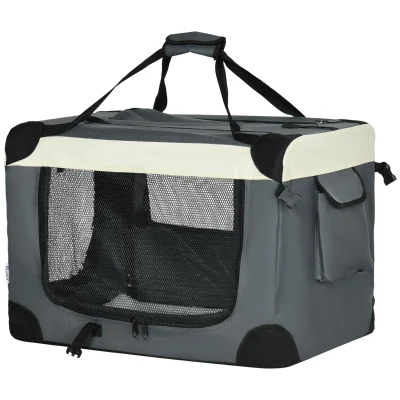 PawHut 24" Foldable Pet Carrier with Removable Mat, Breathable Mesh, Soft Side Pet Travel Crate for Cat & Miniature Dogs, Grey
