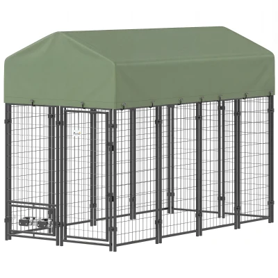 PawHut 8' x 4' x 6' Outdoor Dog Kennel, Dog Kennel Outside Run with 360° Rotating Bowls, Waterproof & UV Resistant Cover Green