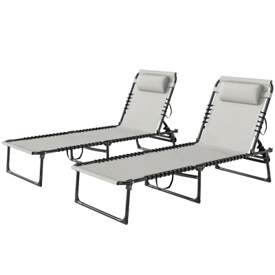 Outsunny 2 PCs Folding Lounge Chairs, Adjustable Chaise Lounges with Headrest for Camping, Hiking, Cream White