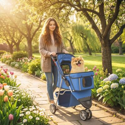 PawHut 3 Wheels Foldable Dog Stroller with Storage Basket, Adjustable Canopy, Cupholder for Miniature and Small Dogs, Blue