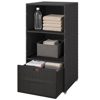 Outsunny Pool Towel Rack, Rattan Wicker with Shelves & Basket Drawer