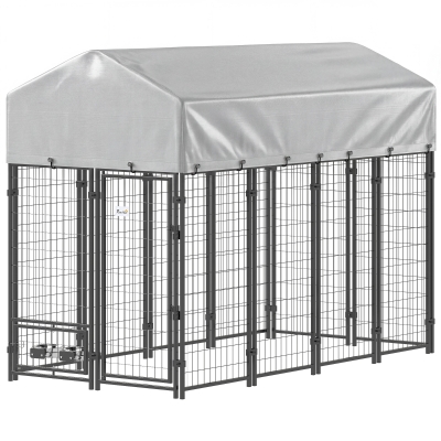 PawHut 8' x 4' Outdoor Dog Kennel with Rotating Bowls & Cover