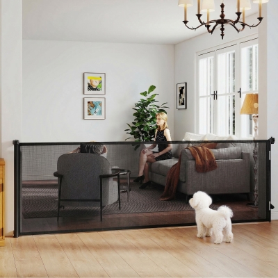 PawHut Retractable Dog Gate, 41" Tall,  Extends to 122" Wide, Mesh Pet Gate with Single Hand Operation, for Stairs, Doorways