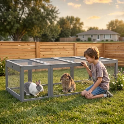 PawHut Large Wooden Rabbit Hutch, Outdoor Enclosure - Gray