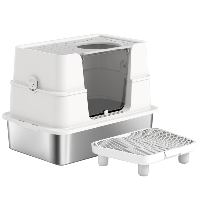 PawHut XL Stainless Steel Enclosed Litter Box w/ Flip Top & Scoop