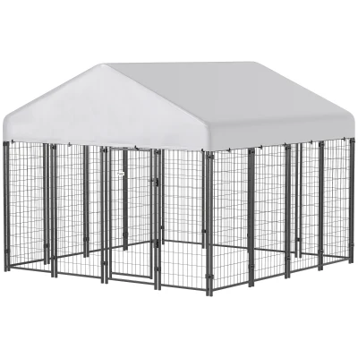 PawHut Outdoor Dog Kennel with Roof, 8′ x 8′ x 6′ Heavy Duty Welded Wire Dog Playpen Enclosure with Escape-proof Lock
