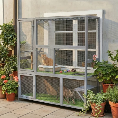 PawHut 77" Wooden Outdoor Catio with Roof, Platforms & Scratching Post