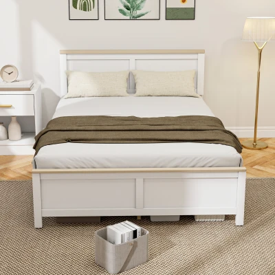 HOMCOM Full Platform Bed Frame with Headboard, Wooden Slats, White