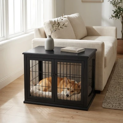 PawHut Small Dog Crate Furniture, Lockable End Table, Black