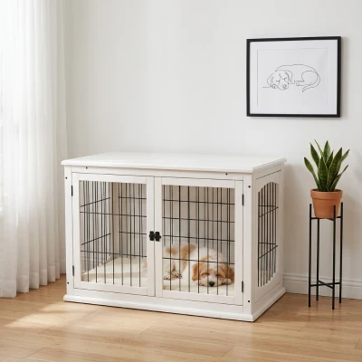 PawHut Small Dog Crate End Table, Lockable Door, White
