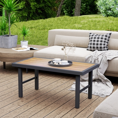 Outsunny Outdoor Side Table with SPC Woodgrain Tabletop, Metal Patio Coffee Table for Outside Garden, Brown