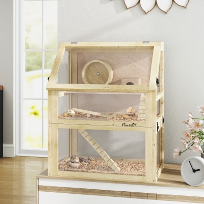 PawHut Wooden Hamster Cage, 3 Tier Gerbil Cage with Deep Bottom, Hut, Seesaw, Exercise Wheel, Ramps, 24" x 16" x 29.5"