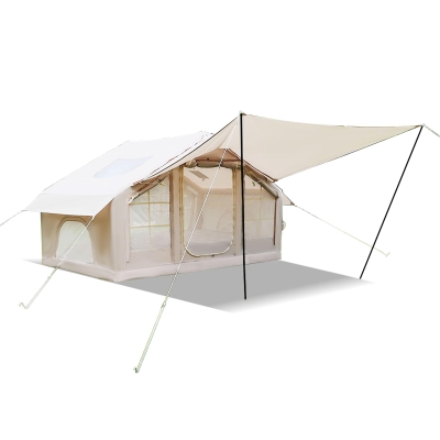 Inflatable 4-Season Camping Tent with Extended Awning, 118″ L x 82.5″ W x 78.5″ H, Beige