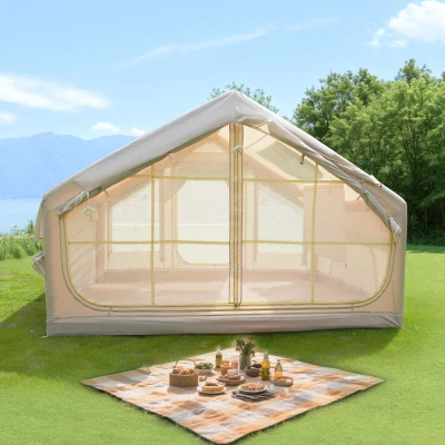 Inflatable 4-Season Camping Tent with Extended Awning, 118″ L x 82.5″ W x 78.5″ H, Beige