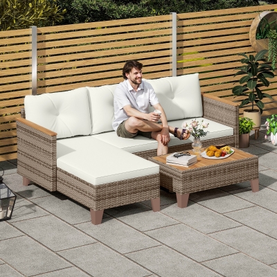 Outsunny 3 Piece Patio Furniture Set, L-Shaped Outdoor Furniture Conversation Set with Wood Top Coffee Table, Cream