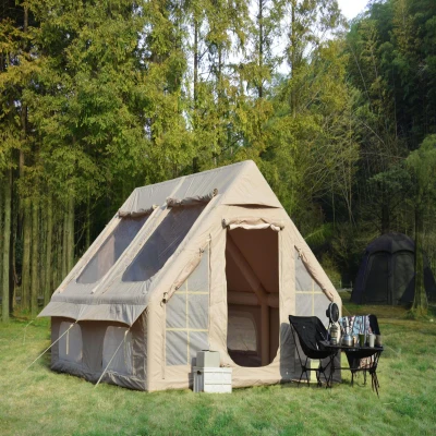 Inflatable Camping Tent with Hand Pump & Inflatable Beam Frame, 157.5″ L x 118″ W x 78.5″ H, Beige