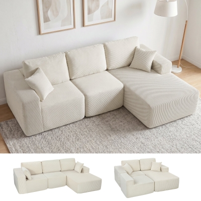 HOMCOM 2-in-1 Modular Sectional Sofa, Boneless L Shaped Couch Sofa Bed, Cream White