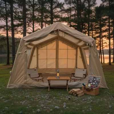 Upgrade Inflatable Camping Tent with Higher Sidewalls, 126″ L x 98.5″ W x 82.5″ H, Beige