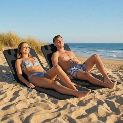 Outsunny 2 Pieces Beach Lounge Chair, Outdoor Folding Chaise Lounge Set w/ Pillow for Sunbath, Snap, Beige
