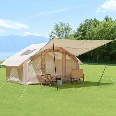 Inflatable 4-Season Camping Tent with Extended Awning, 118″ L x 82.5″ W x 78.5″ H, Beige