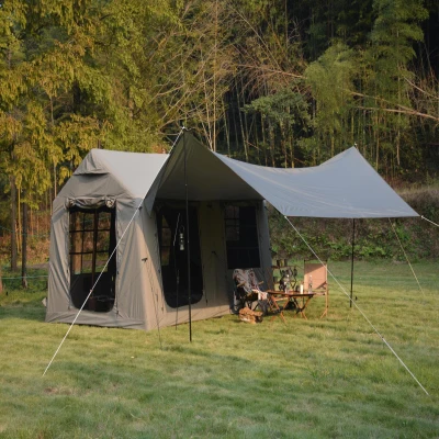 Inflatable Camping Tent with Hand Pump & Polyester Fabric, 157.5″ L x 118″ W x 90.5″ H, Army Green