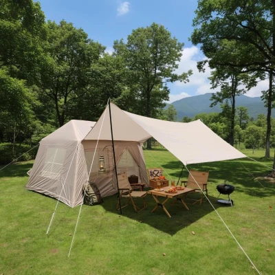 Inflatable 4-Season Camping Tent with Easy Setup, 102.5″ L x 86.5″ W x 71″ H, Beige