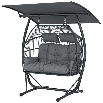 Outsunny Hanging Double Egg Chair Outdoor Egg Swing Chair with Canopy, Cushion, Stand, Dark Grey