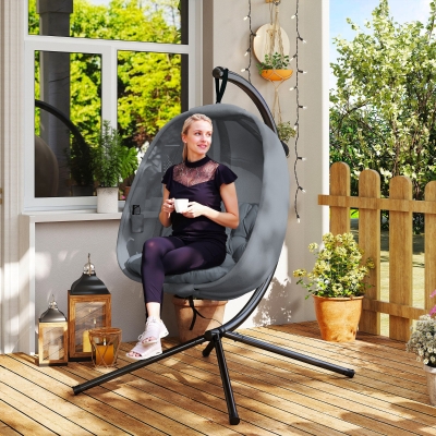 Outsunny Hanging Egg Chair, Outdoor Indoor Swing Chair with Stand, Folding Basket and Thickened Cushion, Grey