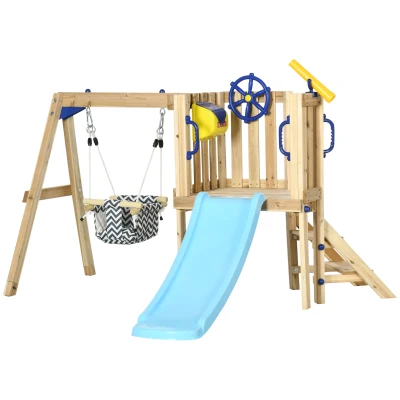 Outsunny Wooden Kids Swing Set with Slide, Swing Seat, Captain's Wheel, Telescope, for Ages 18-48 Months, Natural