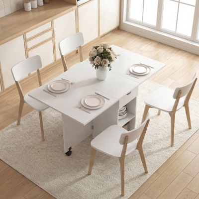 HOMCOM Folding Dining Table with Storage, Drop Leaf Kitchen Table with Drawer and Shelves for Small Spaces, White