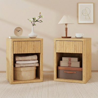 HOMCOM Nightstand with Drawer and Open Shelf, Modern Bedside Table Set of 2 for Bedroom Living Room, Oak