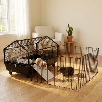 PawHut 46.5" Small Animal Playpen Cage with Rolling Caster
